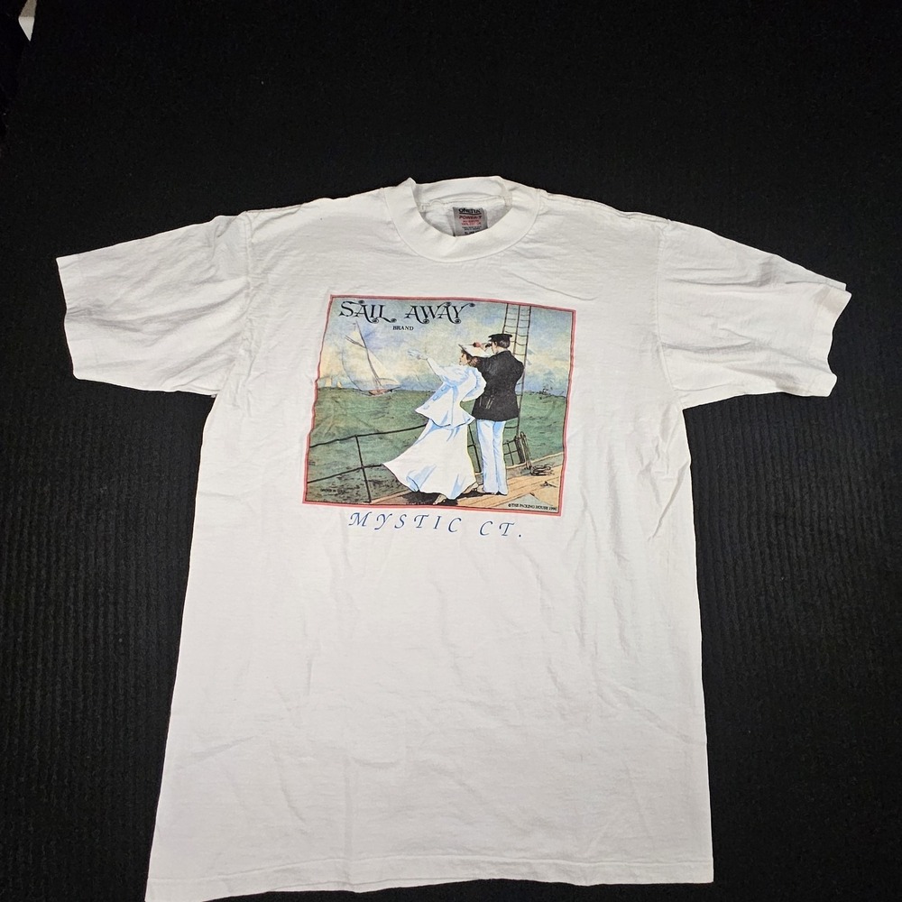 Vintage 1990 Sail Away Mystic CT T-Shirt Oneita Power-T XL White Nautical Yacht
